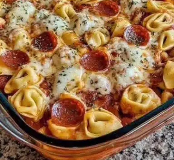 The Ultimate Cheese Tortellini Pepperoni Pizza Casserole