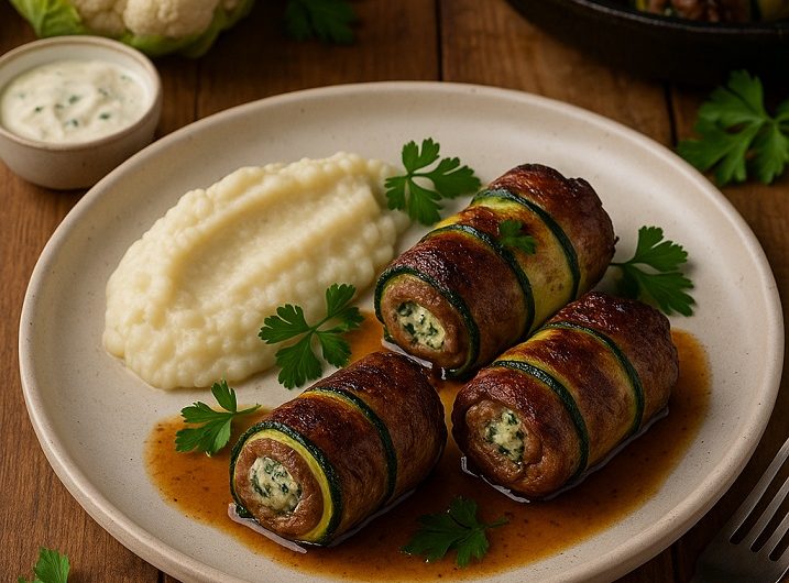 Diese Low-Carb-Röllchen hat meine Familie umgehauen – zartes Rindfleisch mit cremiger Füllung und Blumenkohl-Püree wie bei Oma!