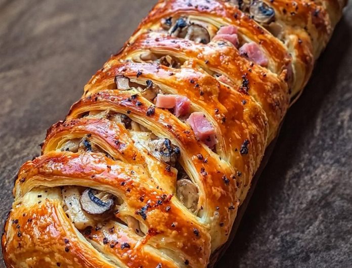 Ein knuspriger Blätterteigzopf mit Champignons, Schinken und Käse – das Rezept, das jede Tafel bereichert