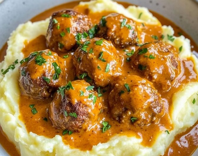 Saftige Hackbällchen in cremiger Sauce mit Kartoffelpüree – Ein Rezept voller Erinnerungen, Geschmack und Herzenswärme