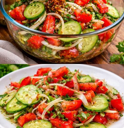 Omas frischer Gurken-Tomaten-Salat mit würzigem Dressing – der einfache Sommersalat, der auf jeder Kaffeetafel und jedem Grillabend sofort verschwindet
