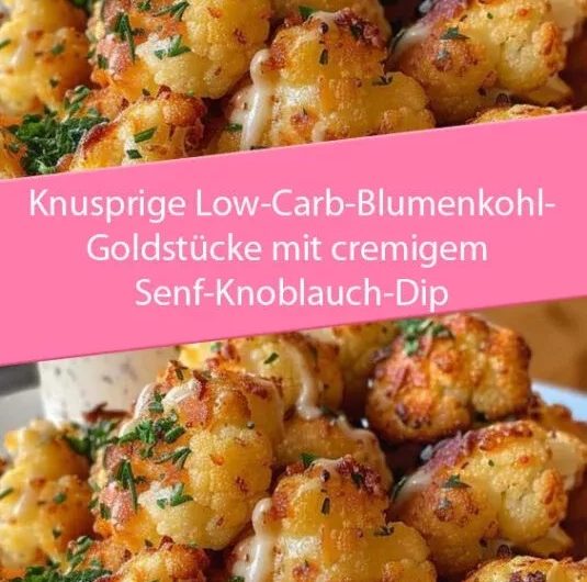 Knusprige Low-Carb-Blumenkohl-Goldstücke mit cremigem Senf-Knoblauch-Dip